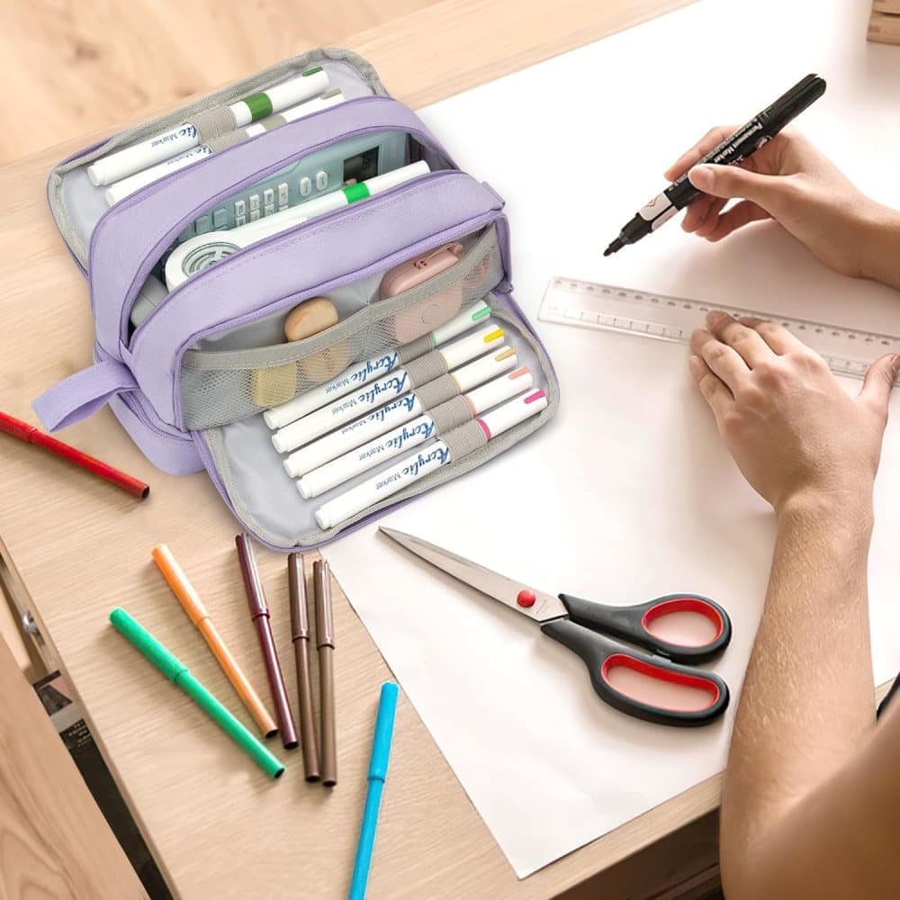 Large Pencil Case with 4 Compartments, Portable Multifunctional Pencil Bag with Handle, Purple - Image 6