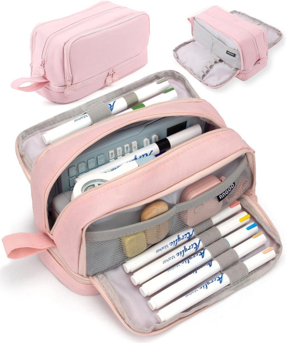 Large Pencil Case with 4 Compartments, Portable Multifunctional Pencil Bag with Handle, Pink - Image 1