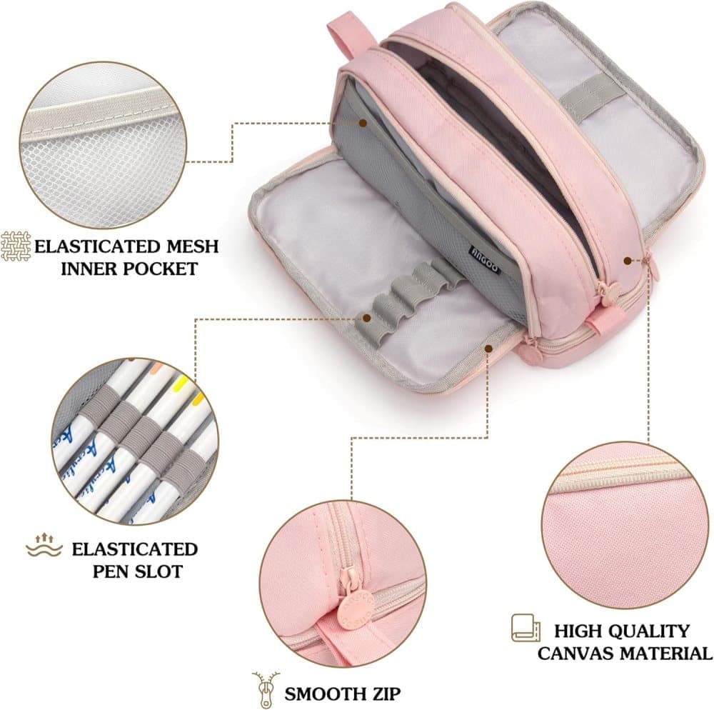 Large Pencil Case with 4 Compartments, Portable Multifunctional Pencil Bag with Handle, Pink - Image 2