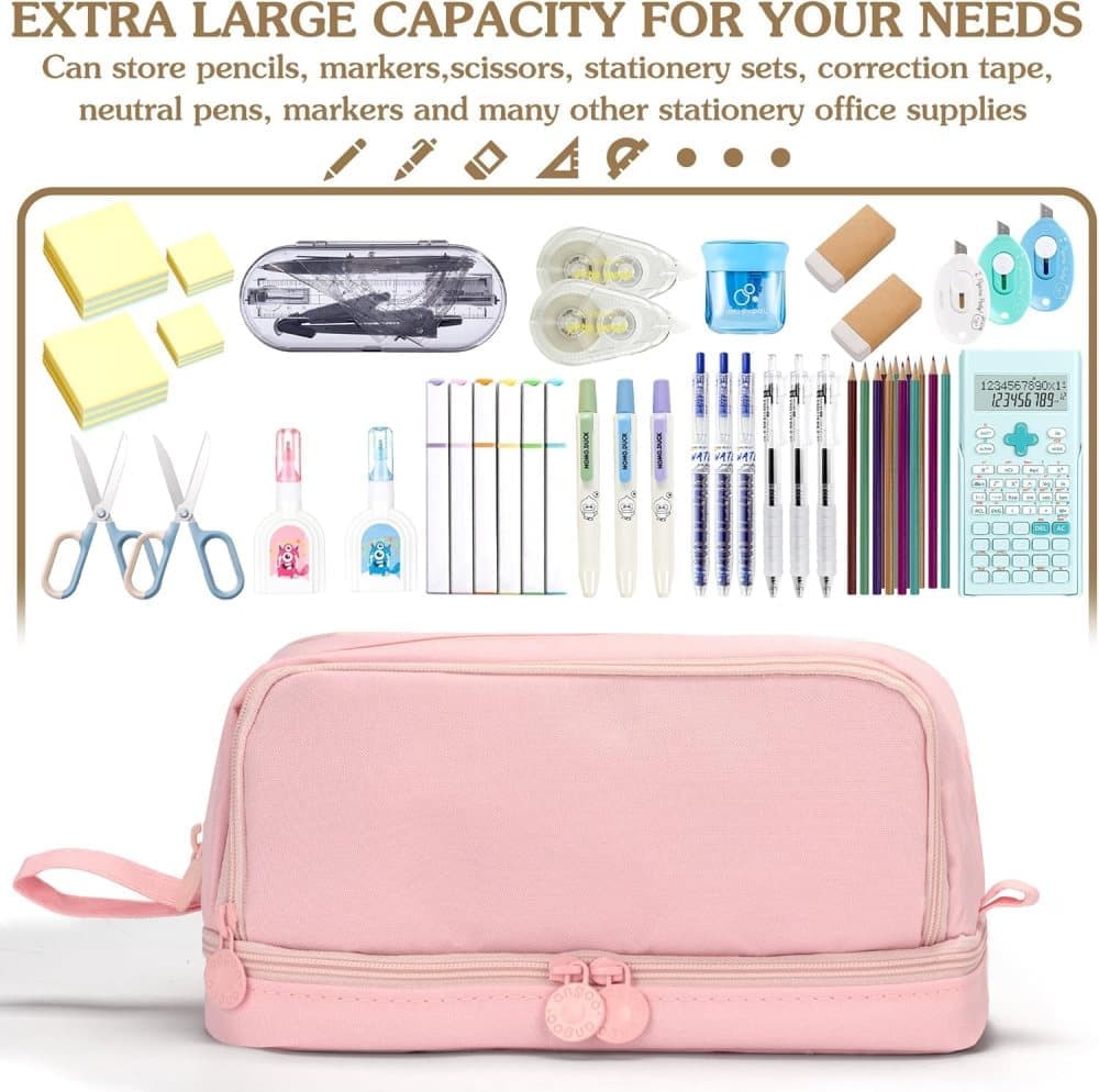 Large Pencil Case with 4 Compartments, Portable Multifunctional Pencil Bag with Handle, Pink - Image 3