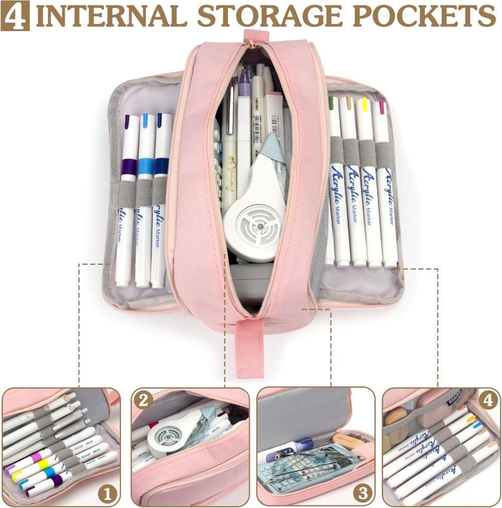 Large Pencil Case with 4 Compartments, Portable Multifunctional Pencil Bag with Handle, Pink - Image 4