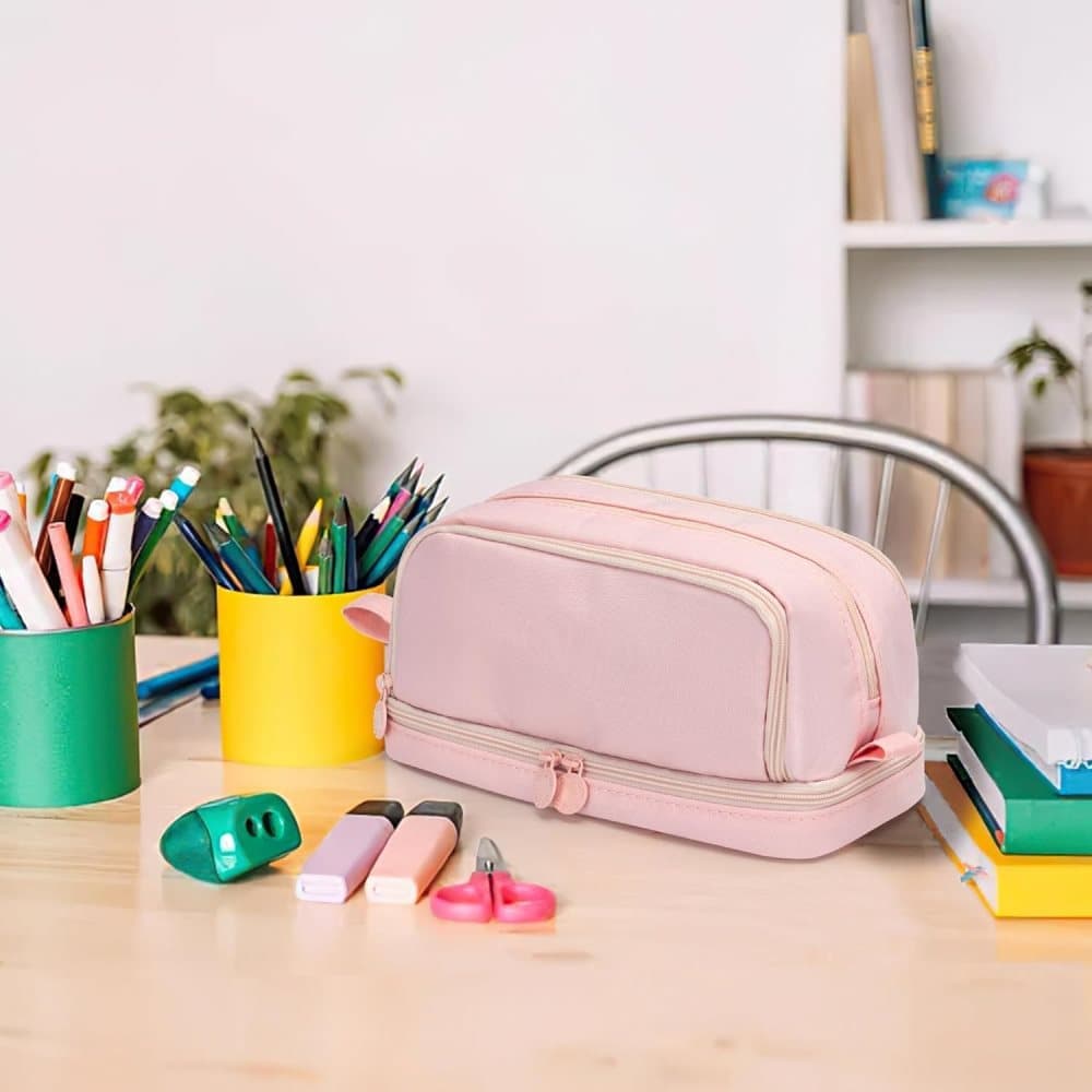 Large Pencil Case with 4 Compartments, Portable Multifunctional Pencil Bag with Handle, Pink - Image 7