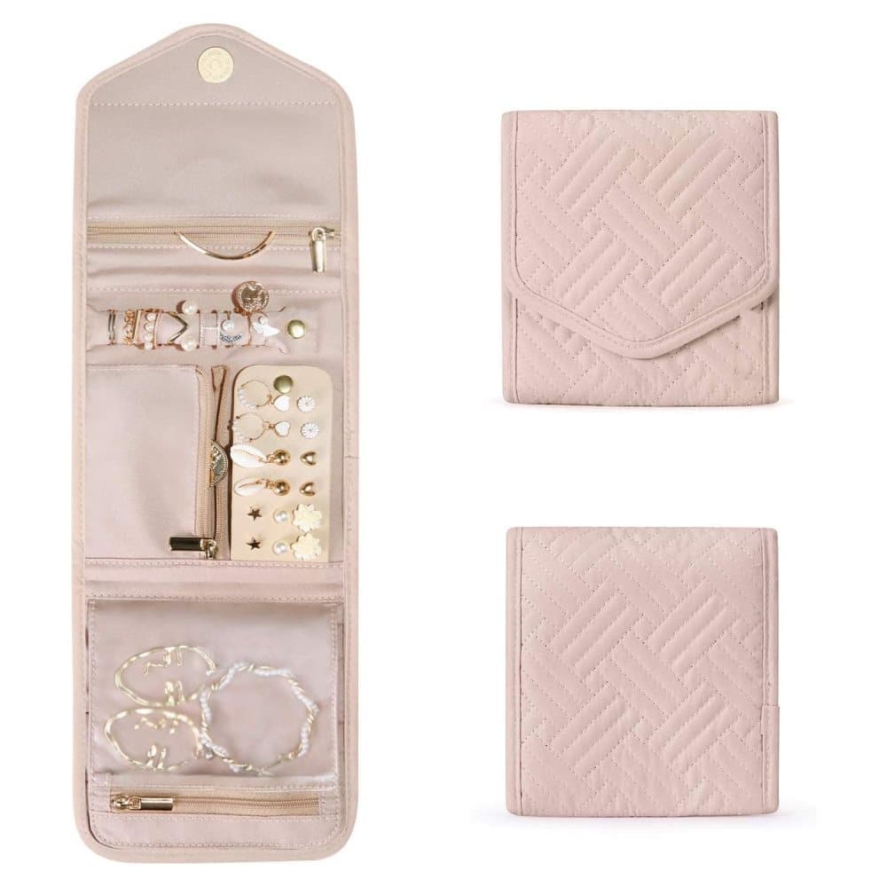 Pink Travel Jewelry Box with Compartments, 15cm, Compact Jewelry Storage Bag Easy to Carry in Your Bag - Image 1