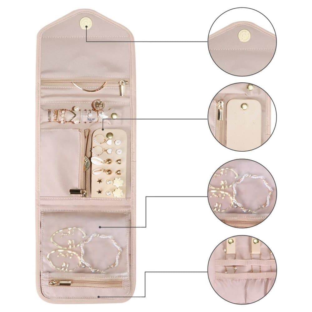 Pink Travel Jewelry Box with Compartments, 15cm, Compact Jewelry Storage Bag Easy to Carry in Your Bag - Image 3