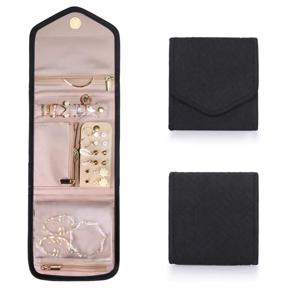 Travel Jewelry Box Compact Jewelry Storage Bag with Compartments for Easy Carry, 15cm, Black - Image 1
