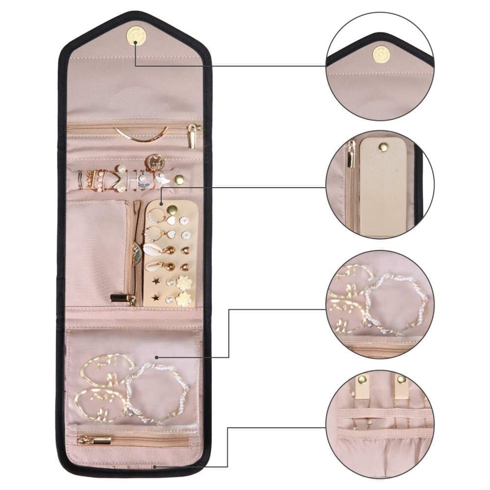 Travel Jewelry Box Compact Jewelry Storage Bag with Compartments for Easy Carry, 15cm, Black - Image 3