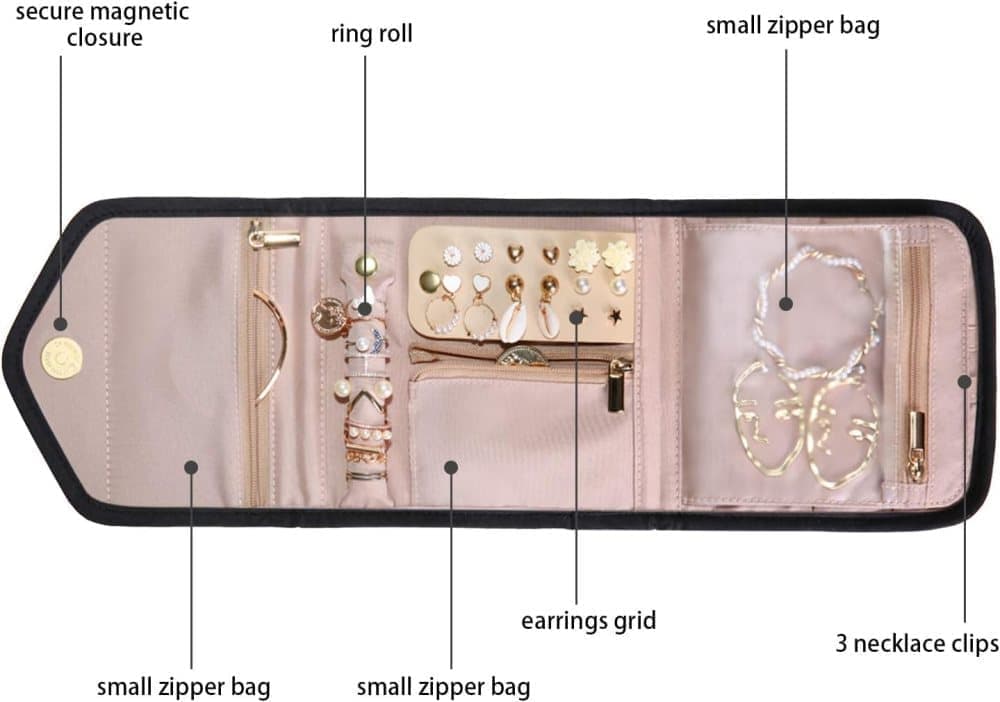 Travel Jewelry Box Compact Jewelry Storage Bag with Compartments for Easy Carry, 15cm, Black - Image 4