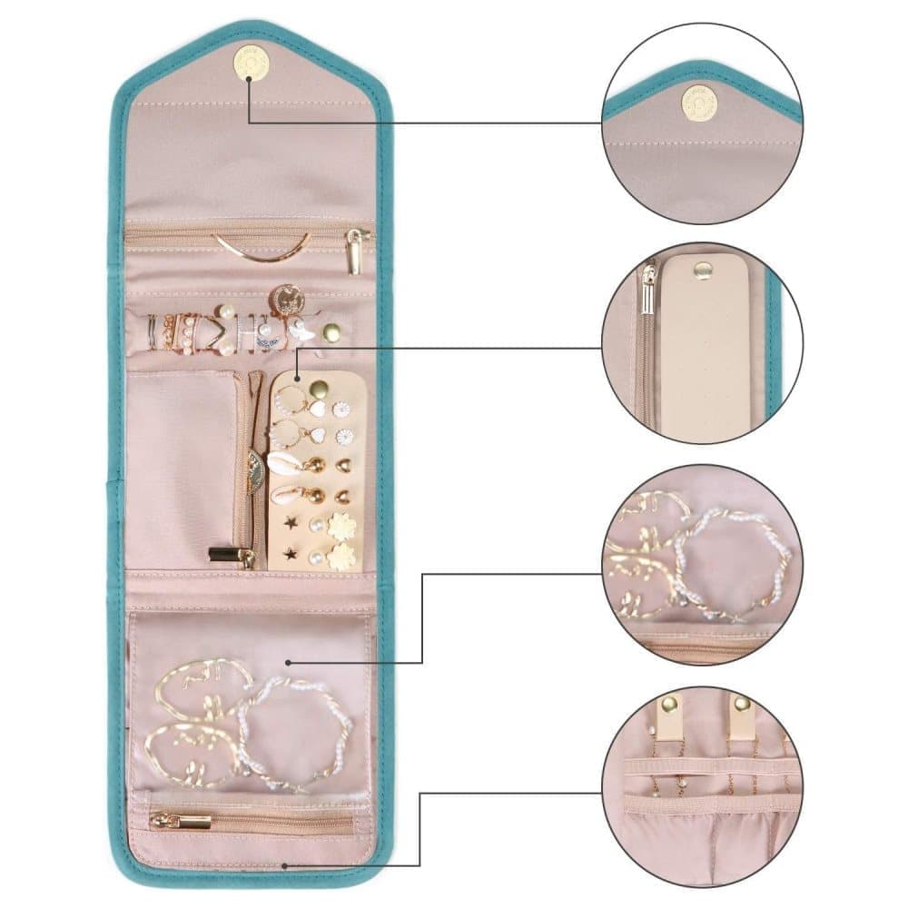 Green Travel Jewelry Box with Compartments, Compact Portable Jewelry Storage Bag, 15cm - Image 3