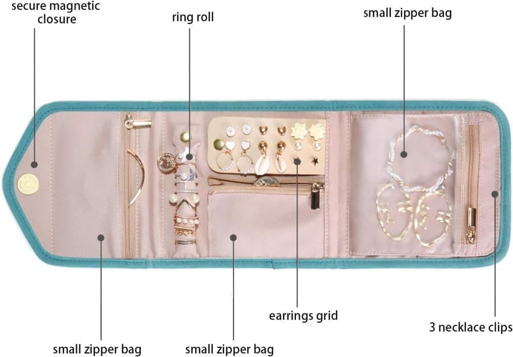 Green Travel Jewelry Box with Compartments, Compact Portable Jewelry Storage Bag, 15cm - Image 4