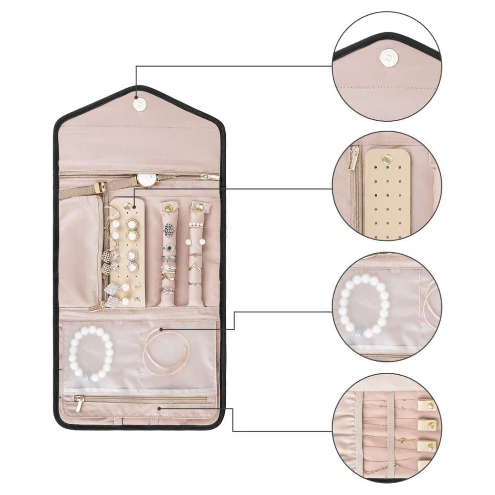 Black Travel Jewelry Box with Compartments, 23cm, Compact Jewelry Storage Bag Easy to Carry in Your Bag - Image 3
