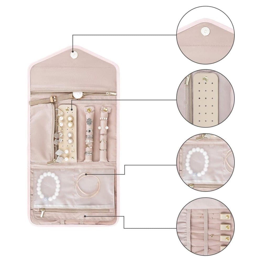 Compact Travel Jewelry Box with Compartments, Pink, 23cm - Image 3