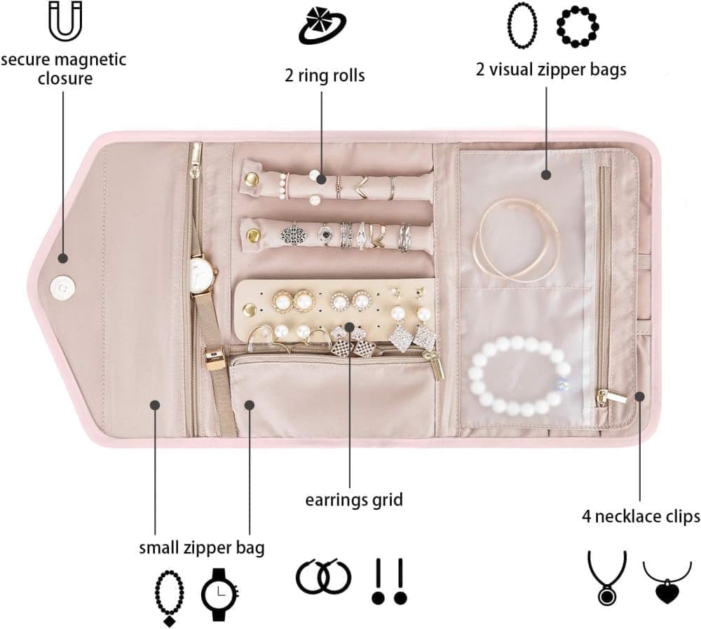 Compact Travel Jewelry Box with Compartments, Pink, 23cm - Image 5