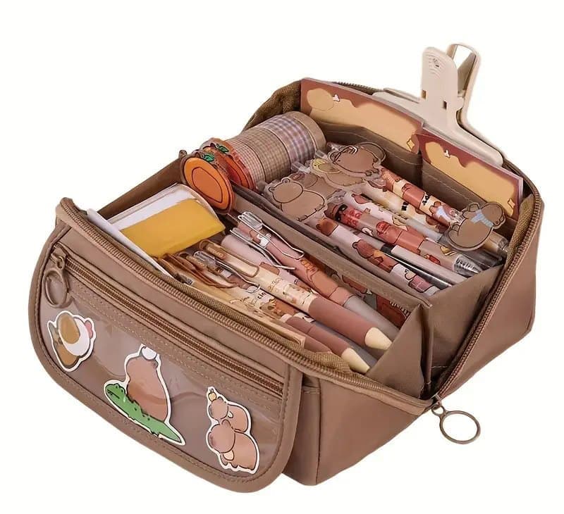 Large Waterproof Pencil Case with Zipper, Multifunctional Travel Pencil Box for Students & Office, Brown - Image 1