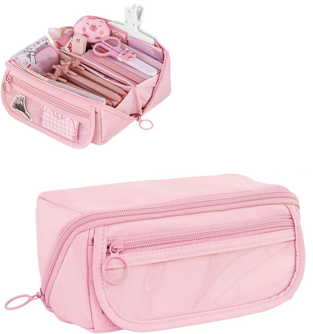Waterproof Pencil Case with Zipper, Large Multifunctional Travel Pencil Box for Students and Office, Pink - Image 1