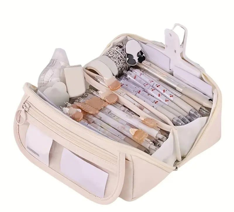 Large Waterproof Pencil Case with Zipper, Multifunctional Travel Pencil Box for Students & Office, Beige - Image 1