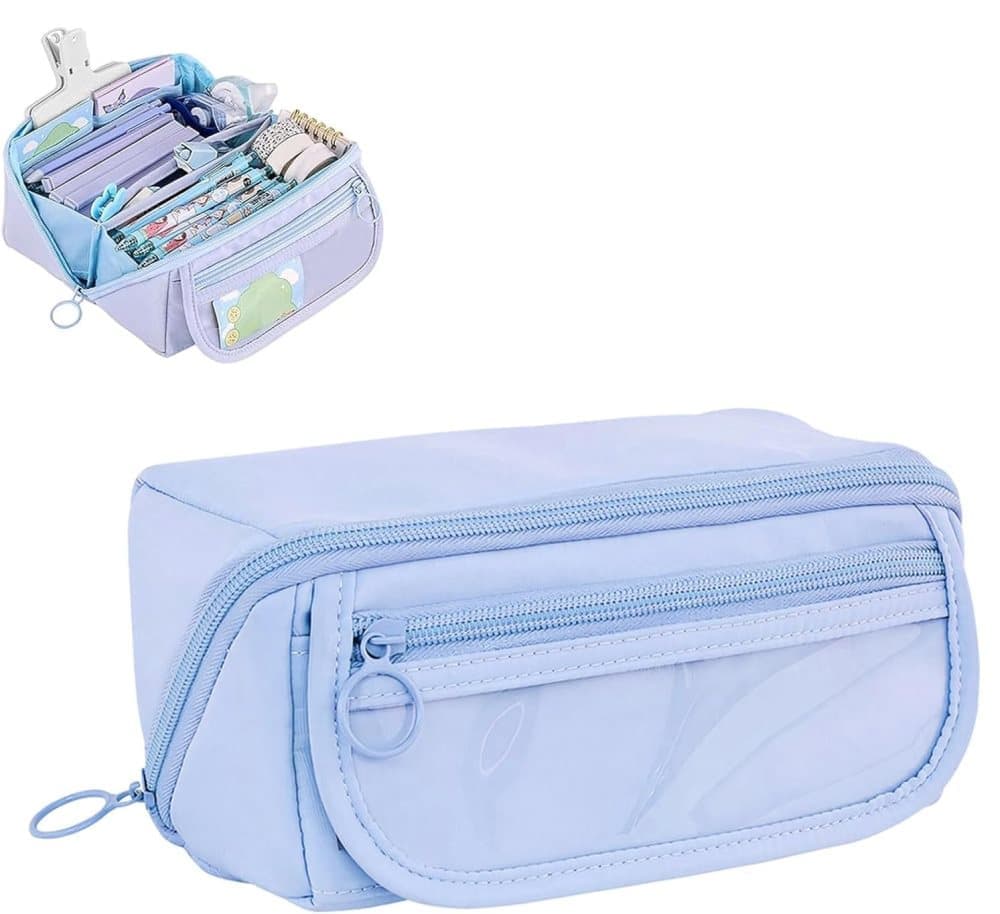 1 Large Waterproof Pencil Case with Zipper, Multifunctional Travel Pencil Box for Students & Office, Blue - Image 1