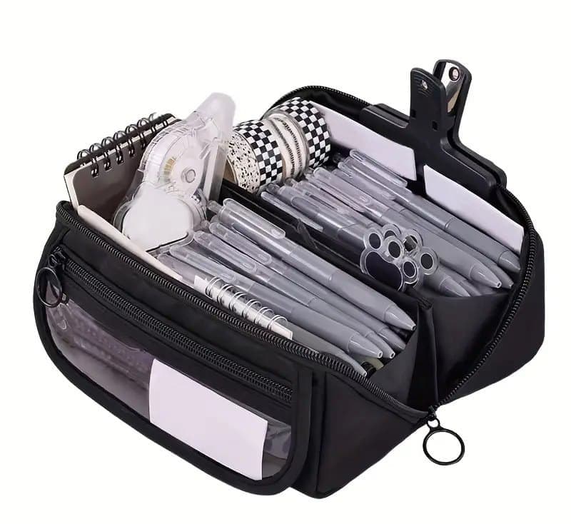Waterproof Pencil Case with Zipper, Large Black Travel Pencil Box for Students & Office - Image 1