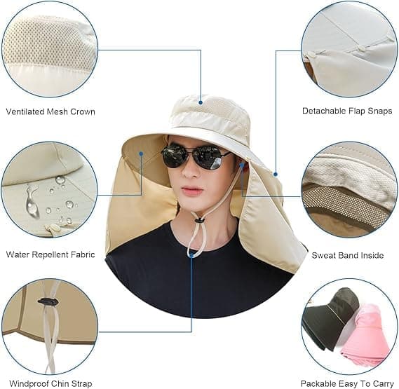 Foldable Sun Hat with Neck Protection UV Protection Fishing and Hiking Cap, Beige - Image 2