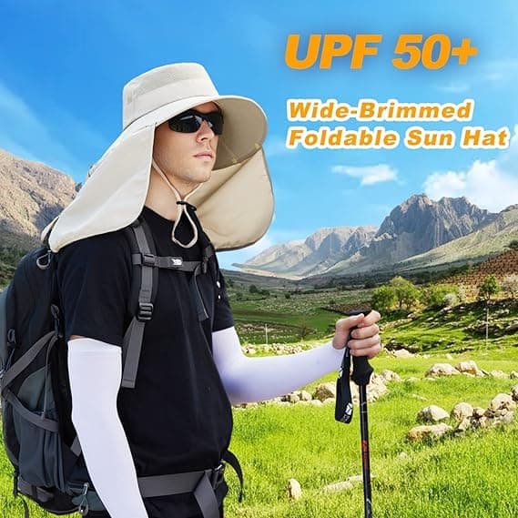Foldable Sun Hat with Neck Protection UV Protection Fishing and Hiking Cap, Beige - Image 4