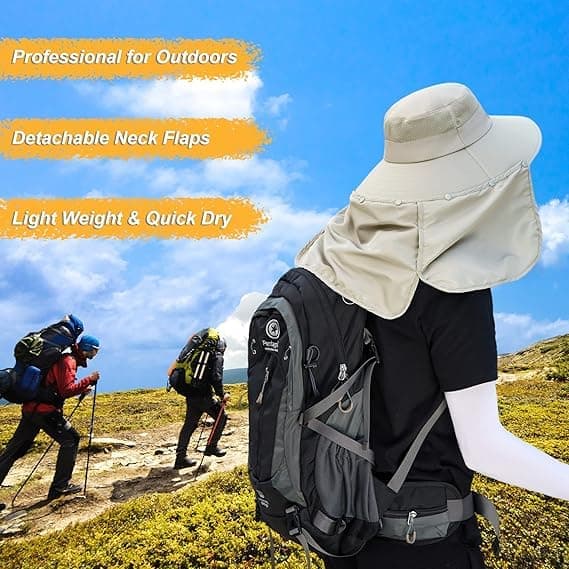 Foldable Sun Hat with Neck Protection UV Protection Fishing and Hiking Cap, Beige - Image 5