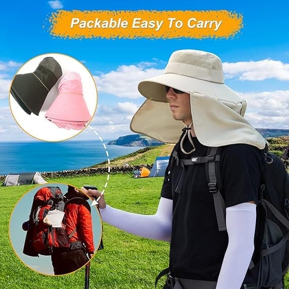 Foldable Sun Hat with Neck Protection UV Protection Fishing and Hiking Cap, Beige - Image 6