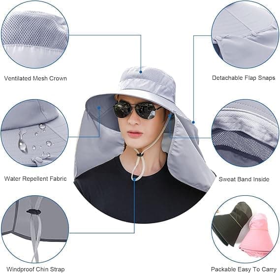 Foldable Sun Hat with Neck Protection UV Protection Fishing and Hiking Cap, Light Gray - Image 4
