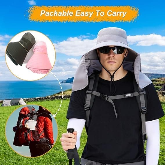 Foldable Sun Hat with Neck Protection UV Protection Fishing and Hiking Cap, Light Gray - Image 6