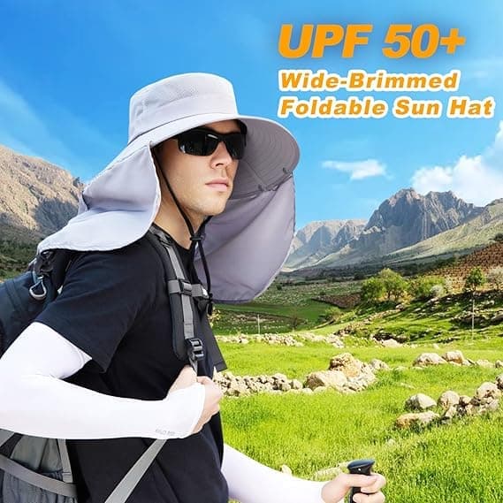 Foldable Sun Hat with Neck Protection UV Protection Fishing and Hiking Cap, Light Gray - Image 7