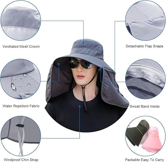 Foldable Sun Hat with Neck Protection UV Protection Fishing and Hiking Cap, Dark Gray - Image 3
