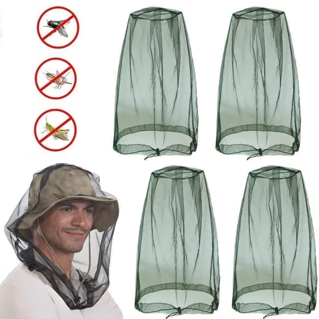 4 pcs Mosquito Net for Hat, Dark Green, Waterproof Adjustable Ultra-fine with Storage Bag, for Fishing Hiking Camping Garden - Image 1
