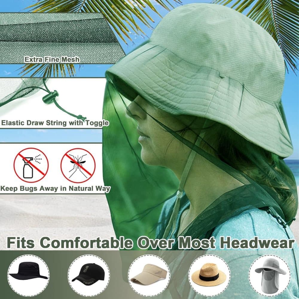 4 pcs Mosquito Net for Hat, Dark Green, Waterproof Adjustable Ultra-fine with Storage Bag, for Fishing Hiking Camping Garden - Image 3