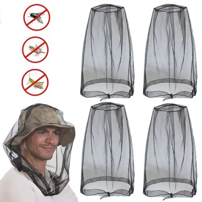 4 pcs Mosquito Net for Hat, Black, Waterproof Adjustable Ultra-fine with Storage Bag, for Fishing Hiking Camping Garden - Image 1