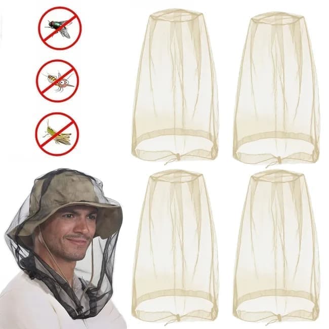 4 pcs Mosquito Net for Hat, Waterproof Adjustable Ultra-fine with Storage Bag, for Fishing Hiking Camping, Beige - Image 1
