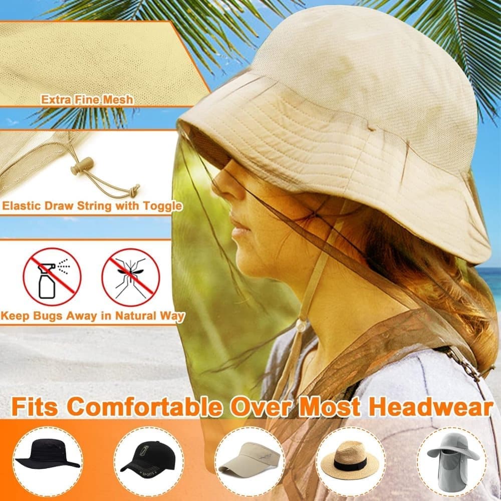 4 pcs Mosquito Net for Hat, Waterproof Adjustable Ultra-fine with Storage Bag, for Fishing Hiking Camping, Beige - Image 3