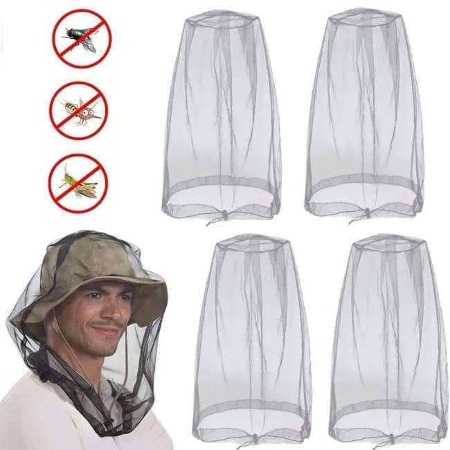 4 pcs Mosquito Net for Hat, Waterproof Adjustable Ultra-fine with Storage Bag, Gray, for Fishing Hiking Camping Garden - Image 1