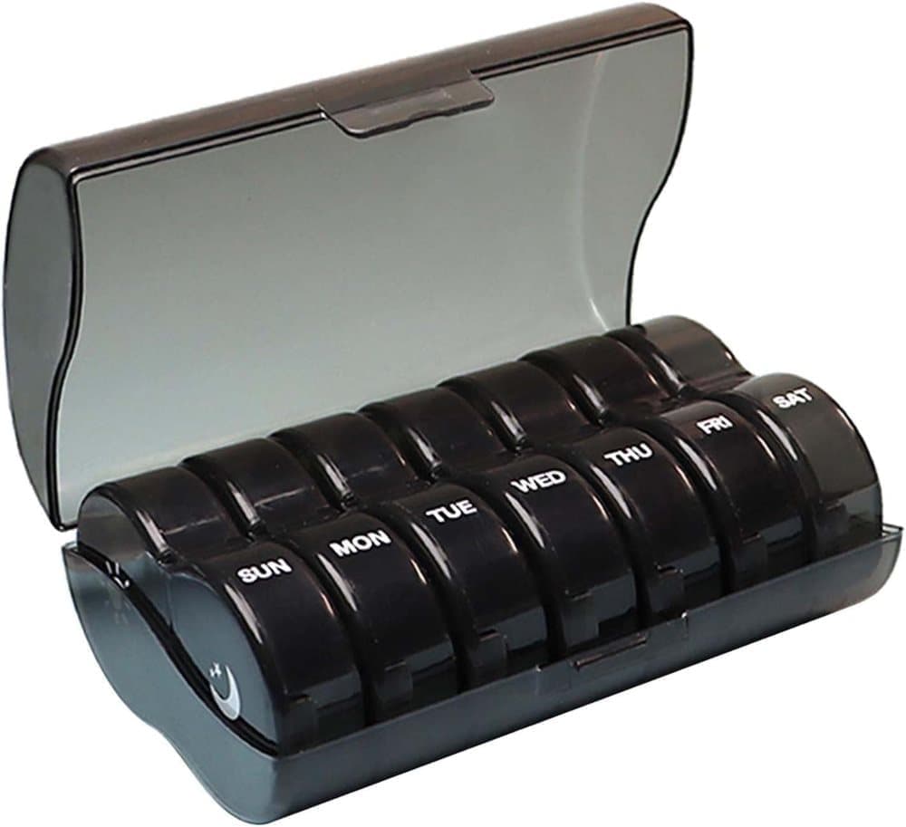 7-Day Round Medicine Dosett Storage with 7 Compartments, compatible with Oral-B, Black - Image 1