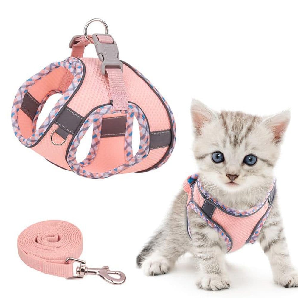 Adjustable Pet Harness with Reflector and Leash for Cat and Dogs, Soft Comfortable Vest Design Anti-Escape, S, Pink - Image 1