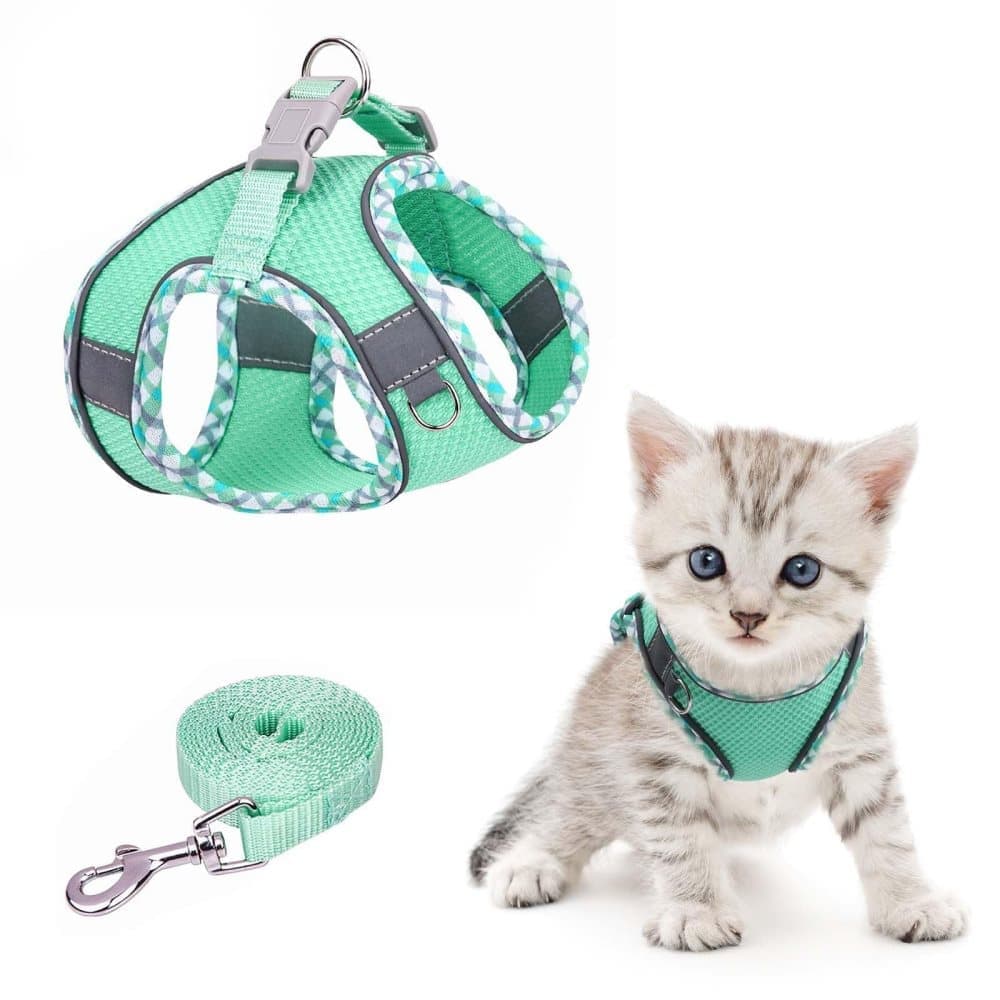 Adjustable Pet Harness with Reflector and Leash for Cat and Dog, Soft Comfortable Vest Design Anti-Escape, M, Green - Image 1