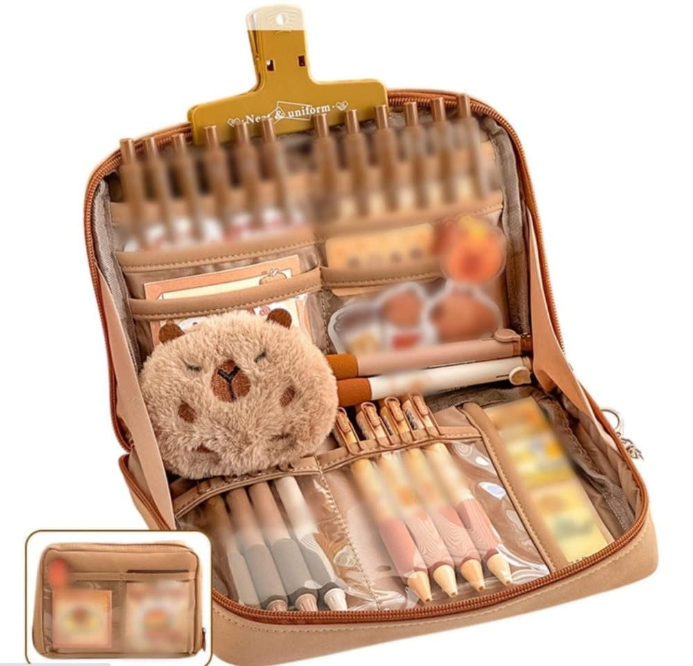 1 Pack Stylish Zipper Pencil Case Large Capacity Multifunctional Travel Pencil Box for School and Office, Brown - Image 1