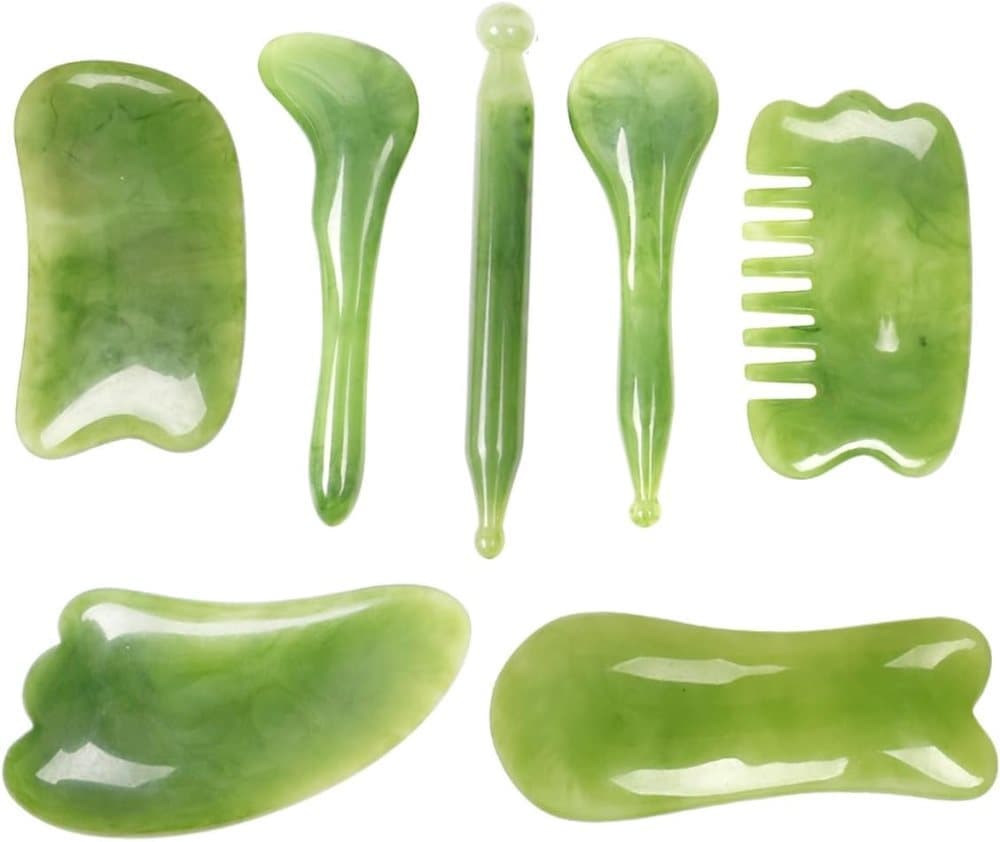 7-piece Gua Sha Set, Resin Facial and Body Massage Tool for Face Legs Back, Green - Image 1