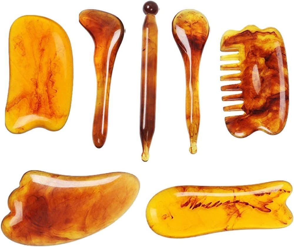 7-piece Gua Sha Set, Resin Facial and Body Massage Tool for Face Legs Back, Gold - Image 1