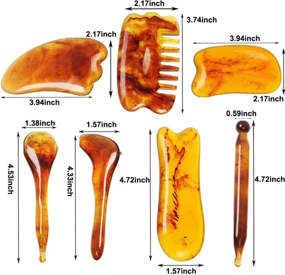 7-piece Gua Sha Set, Resin Facial and Body Massage Tool for Face Legs Back, Gold - Image 2