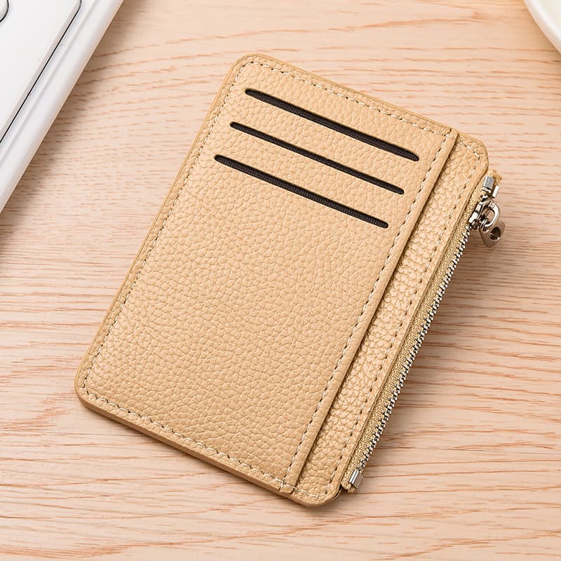 6 Card Slots Thin Zipper Wallet Water Repellent Scratch Resistant Durable Easy to Carry, Beige - Image 1