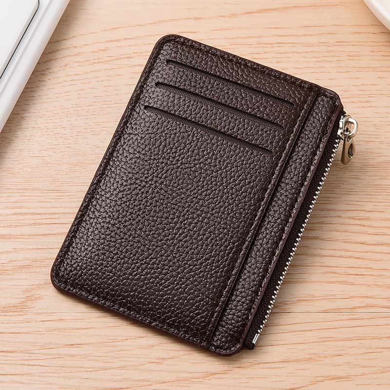 6 Card Slots Zipper Wallet, Thin Durable Water Repellent Card Holder Scratch Resistant Easy to Carry, Brown - Image 1