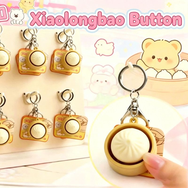 Cute Steamed Bun (Xiaolongbao) Stress Relief Button Keychain - Silicone Squeeze Fidget Toy with Mechanical Keyboard Switch, Mini Steamer Basket Design, Anxiety Relief Sensory Toy for Kids & Adults - Image 1