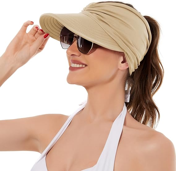 Women's UPF 50+ UV Protection Sun Visor Hat |  That Girl Aesthetic High Ponytail Wide Brim Hat | Birthday Gift for Her Beach Golf Hiking Outdoor Daily Casual WearBeige - Image 1
