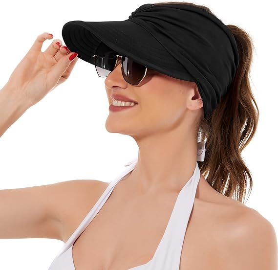 Women's UPF 50+ UV Protection Sun Visor Hat |  That Girl Aesthetic High Ponytail Wide Brim Hat | Birthday Gift for Her Beach Golf Hiking Outdoor Daily Casual WearBlack - Image 1