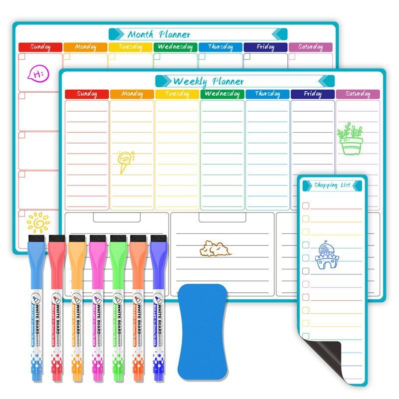 Magnetic Dry Erase Weekly & Monthly Planner Set, Fridge Whiteboard Calendar with 7 Markers & Eraser, Reusable Shopping List Board for Home, Office, Kitchen Organisation - Image 1
