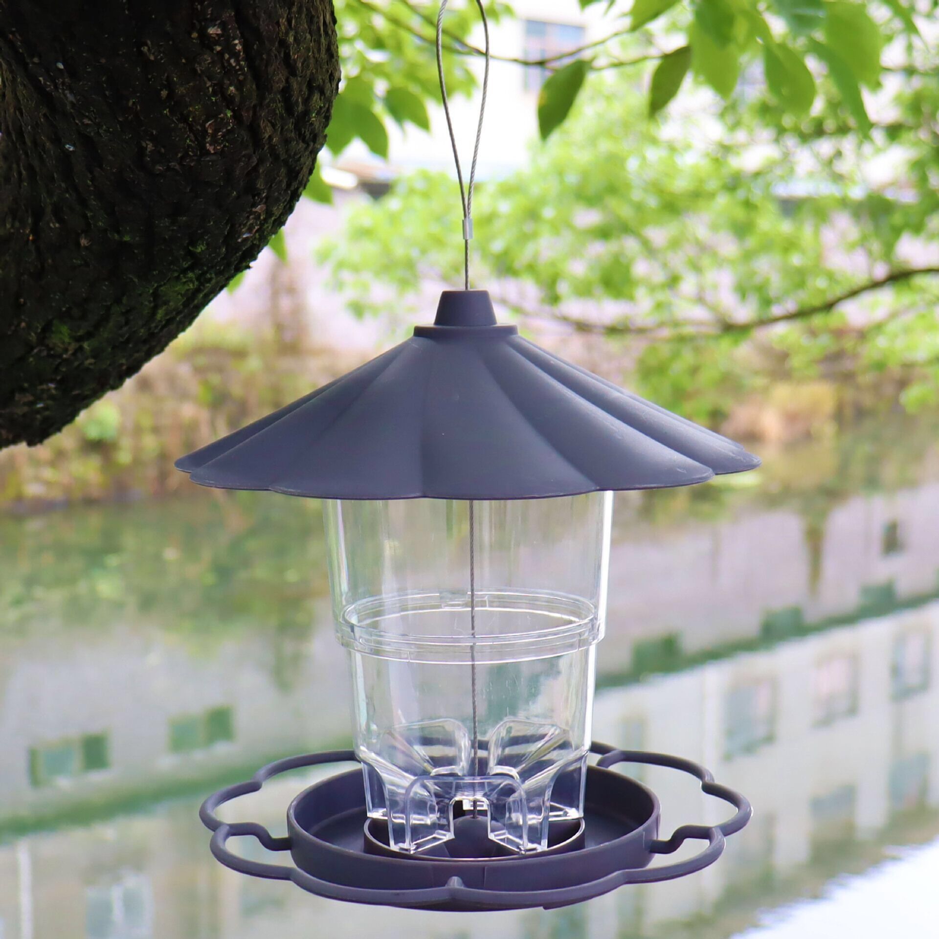 Automatic Hanging Large Capacity Multi-functional Bird Feeder (PP/PS) 820ML Capacity Size: 200*200*125mm Color: Grey - Image 2