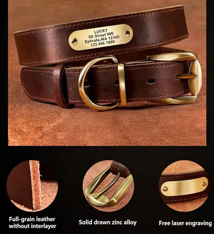 Premium Genuine Leather Dog Collar/Durable Real Leather Adjustable Collars For Male Female(M,Dark brown) - Image 3